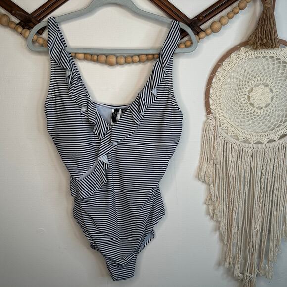 NIP Tuck Navy White Ruffle One Piece Swimsuit - Picture 1 of 5